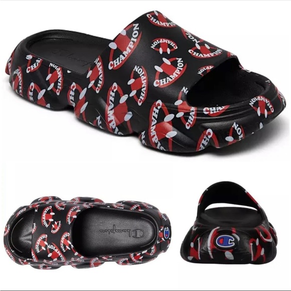 New CHAMPION Meloso Squish Smile Men's Slide Sandals Black/Red Men Size 12 - Picture 1 of 7